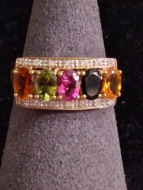 Multicolor Tourmaline and Diamond Accent Gold Band - Women Jewelry Sz 8 Vintage